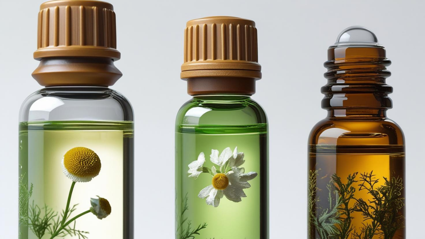 Glass reed diffuser labeled “Calm Mind” surrounded by Roman chamomile flowers, petitgrain leaves, and cedarwood — grounding essential oil blend for relaxation and mental clarity.