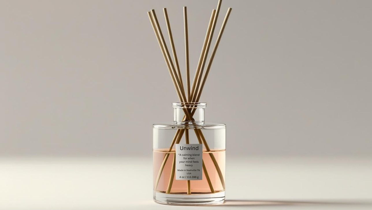 Glass reed diffuser labeled “Unwind” with mandarin slices, rose petals, lavender sprigs, and vetiver roots — a soothing natural aromatherapy blend.