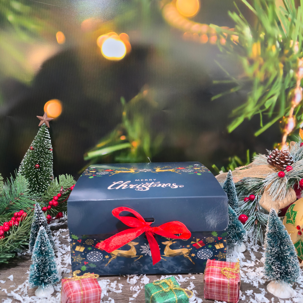 Christmas-themed gift box with decorative elements on a festive background