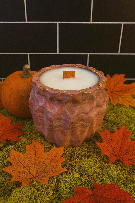 Amber Harvest Candle – white pumpkin, amber, spice, and wood scent in concrete jar with coconut apricot wax and cotton accent.