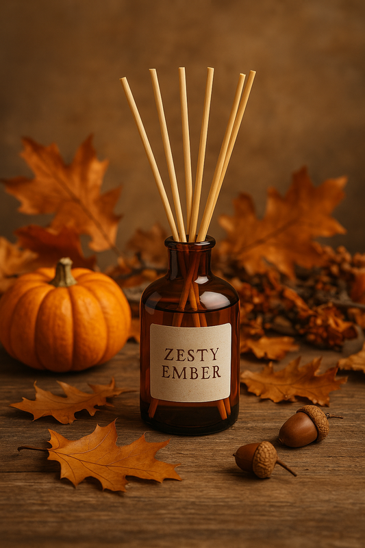 Glass reed diffuser labeled “Zesty Ember” with orange slices, cloves, cinnamon, and burning embers — citrus and smoke-inspired autumn essential oil blend.
