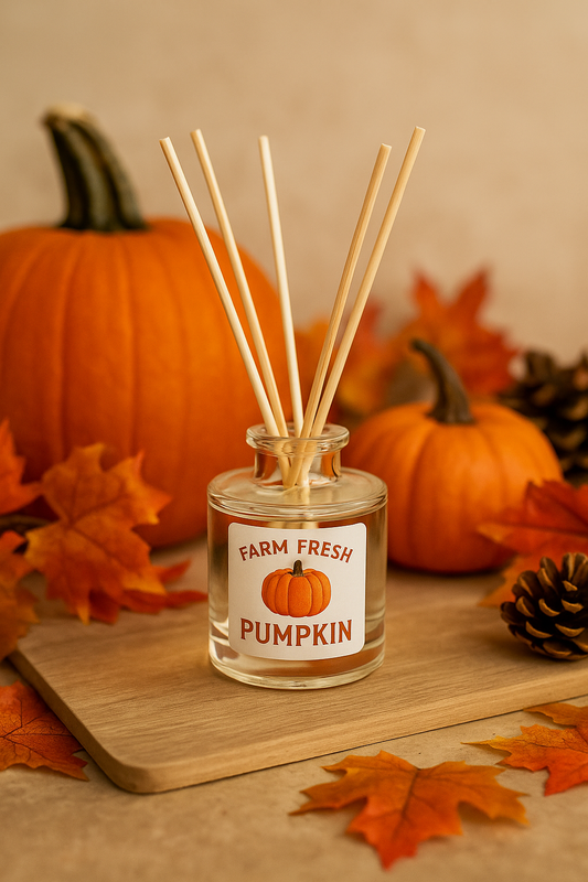 Farm Fresh Pumpkin reed and car diffusers surrounded by pumpkins, vanilla pods, cinnamon sticks, and fall leaves — rustic autumn essential oil blend.