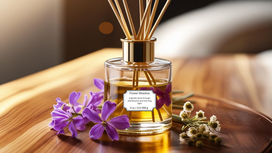 Glass reed diffuser labeled “Flower Meadow” with fresh geranium petals, lavender sprigs, and chamomile flowers — soft floral aromatherapy blend.