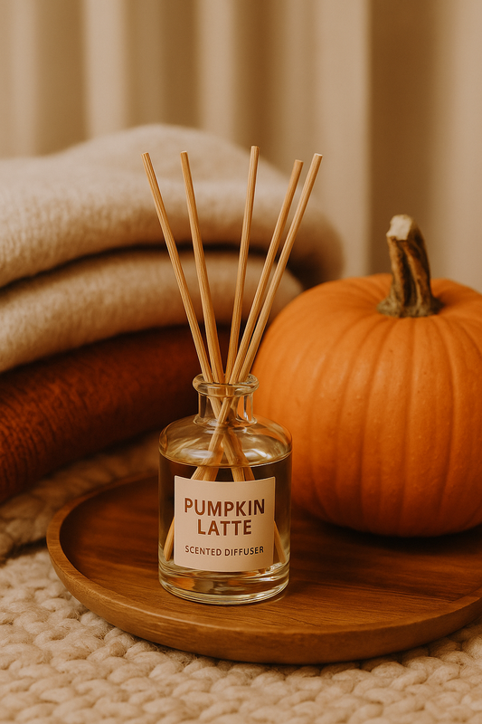 Pumpkin Latte diffusers shown as reed and car diffusers with cinnamon, pumpkins, and coffee beans — cozy fall aromatherapy products.