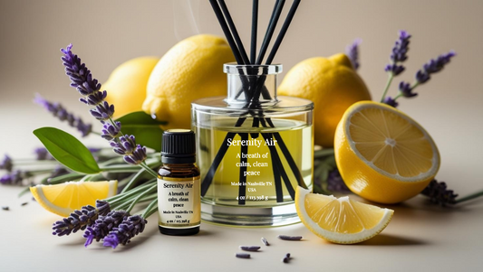 Glass reed diffuser labeled “Serenity Air” with lemon slices, lavender sprigs, and eucalyptus leaves — fresh and calming essential oil blend.