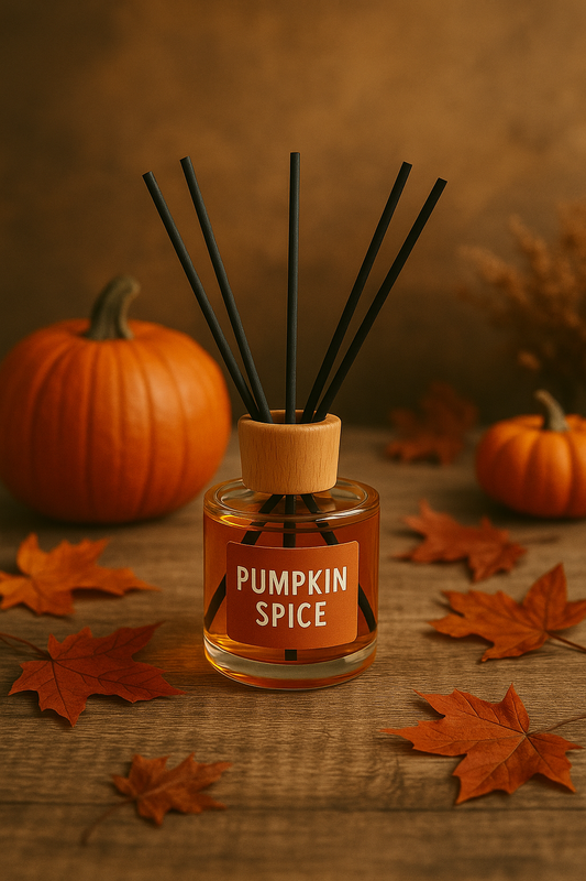 Glass reed diffuser labeled “Pumpkin Spice” with mini pumpkins, cinnamon sticks, cloves, and autumn leaves — warm and spicy fall-inspired essential oil blend.