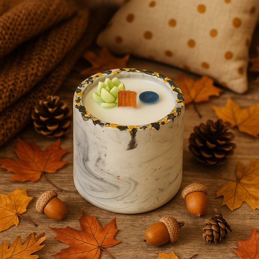 Whiskey Ember Candle – warm whiskey, amber, and smoky wood scent in concrete jar with coconut apricot wax.