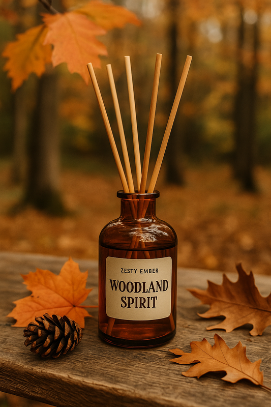 Glass reed diffuser labeled “Woodland Spirit” surrounded by cedar branches, sandalwood pieces, and patchouli leaves — grounding forest-inspired essential oil blend.